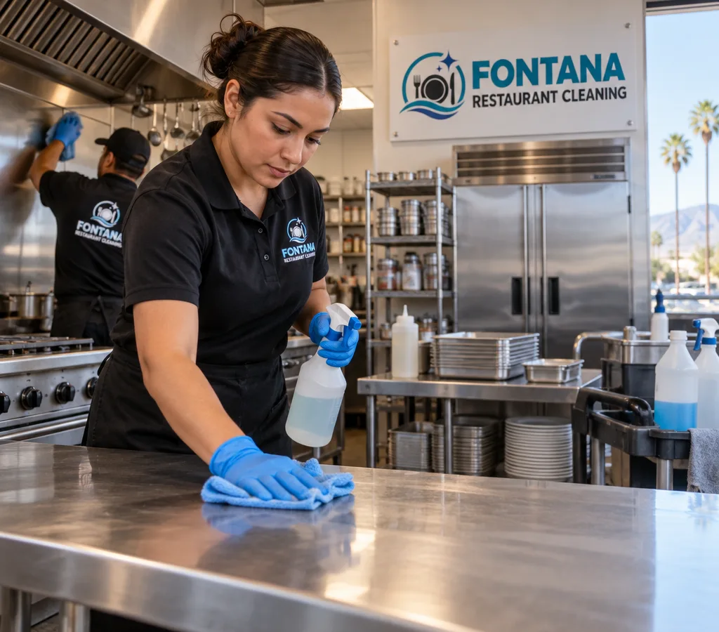 Professional cleaner sanitizing stainless prep surfaces and handles in a working restaurant kitchen
