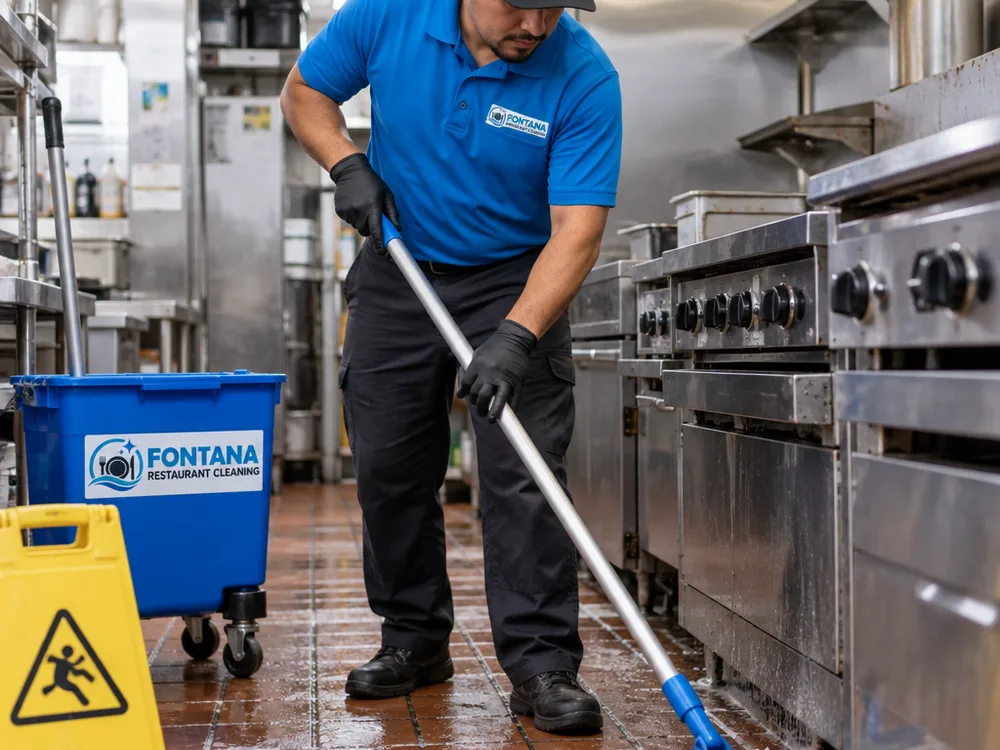Cleaner mopping and degreasing a commercial kitchen floor near the cook line