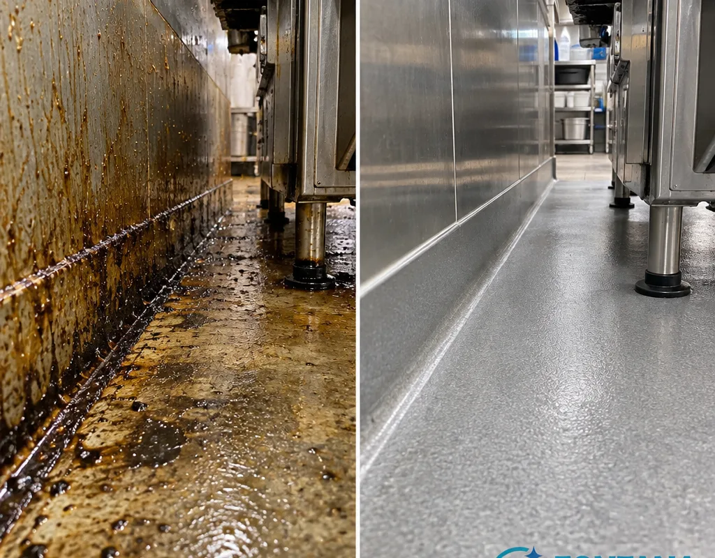 Before and after view of a greasy floor-wall junction behind a cooking line, then visibly clean and detailed