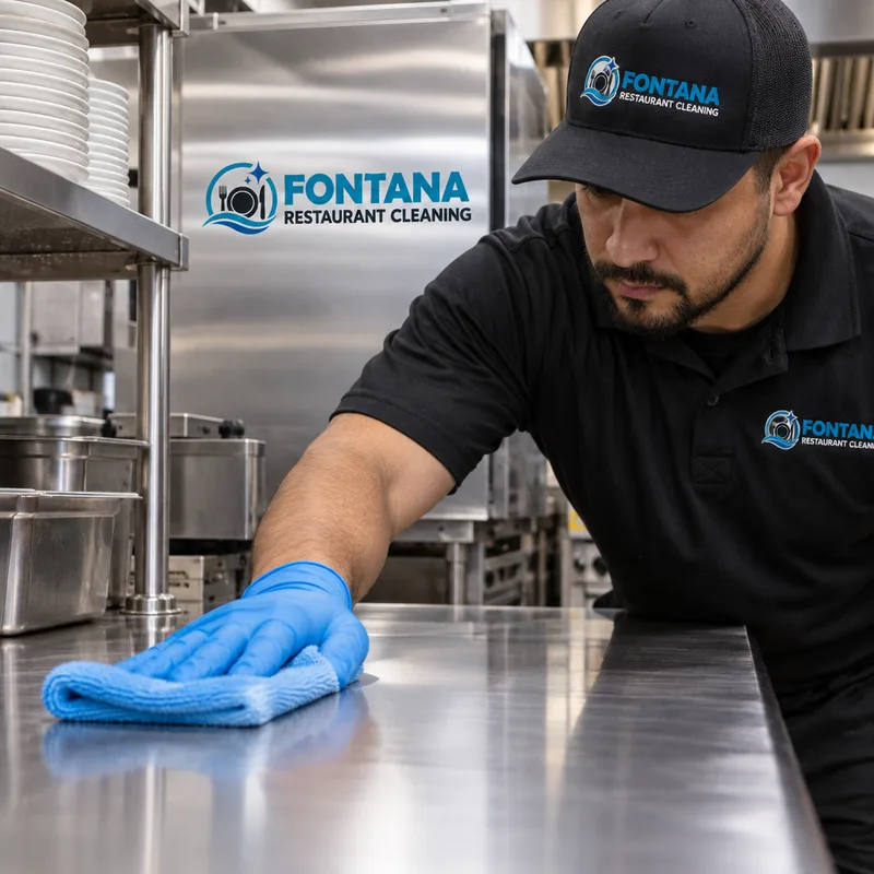 Clean stainless prep table and equipment faces showing a restored streak-free finish after degreasing