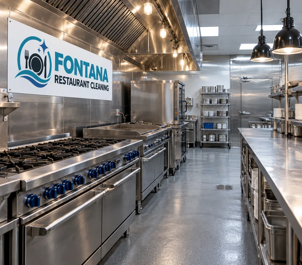Spotless commercial restaurant kitchen line after hours with clean stainless equipment, floors, and prep surfaces