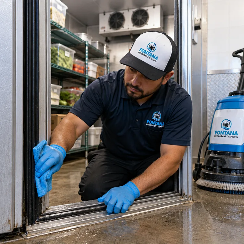 Technician cleaning the door gasket and threshold inside a commercial walk-in cooler