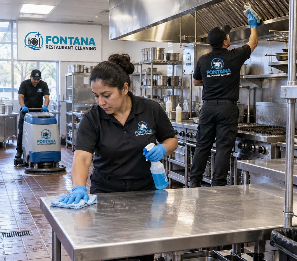 Technicians deep cleaning stainless prep tables and a hood line in a commercial kitchen