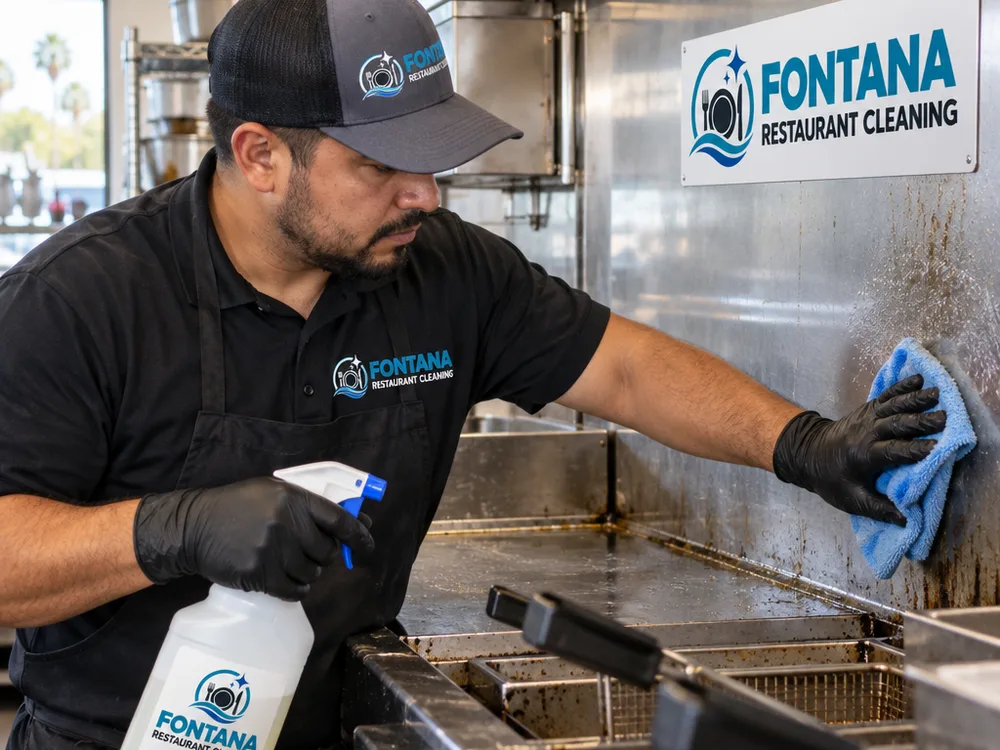 Technician hand-scrubbing grease from stainless backsplash and equipment edges