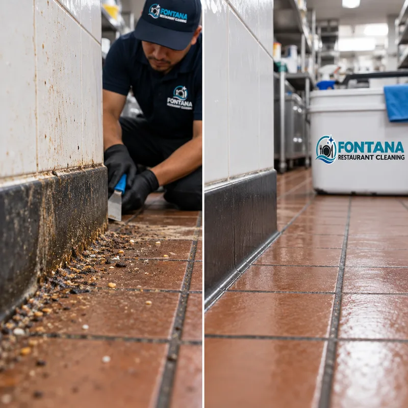 Detailed cleaning along back-of-house floor edges, baseboards, and service corridor corners