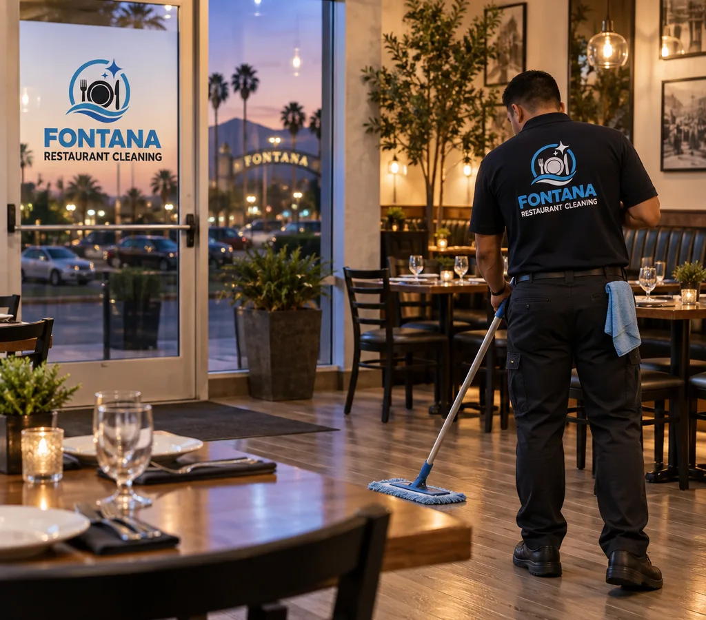 Clean Fontana restaurant dining room reset for evening service with spotless floors and entry glass