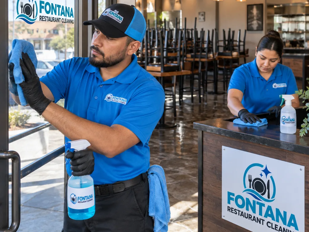 Technician cleaning restaurant entry glass and host stand surfaces while the dining area is prepared for floor work
