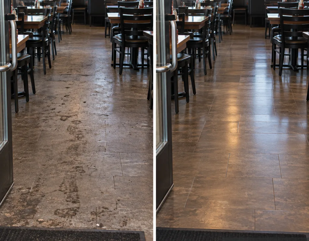 Dining room floor before cleaning with tracked soil near the entry and after cleaning with a uniform streak-free finish
