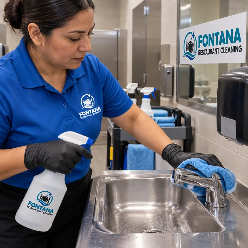 Cleaner disinfecting a commercial restroom sink and faucet with supplies staged neatly and the floor kept dry
