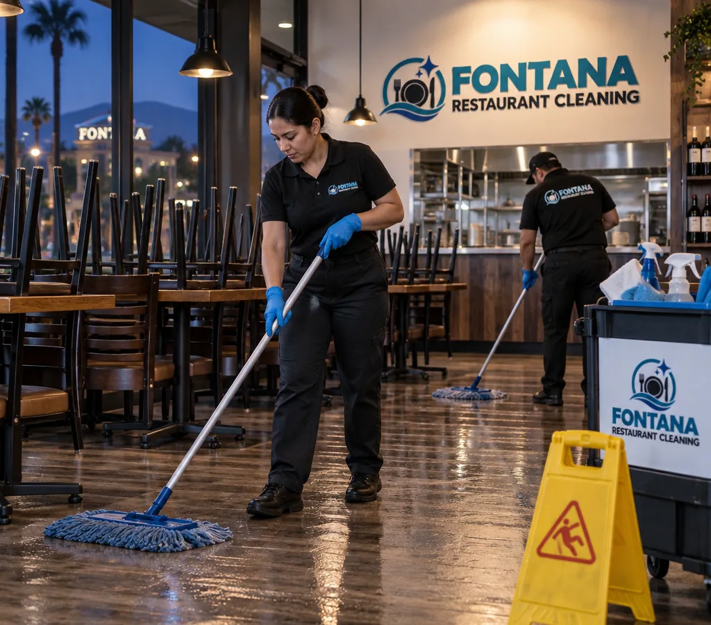 After-hours cleaning crew mopping a restaurant dining room floor with chairs raised and walk paths left clean and dry