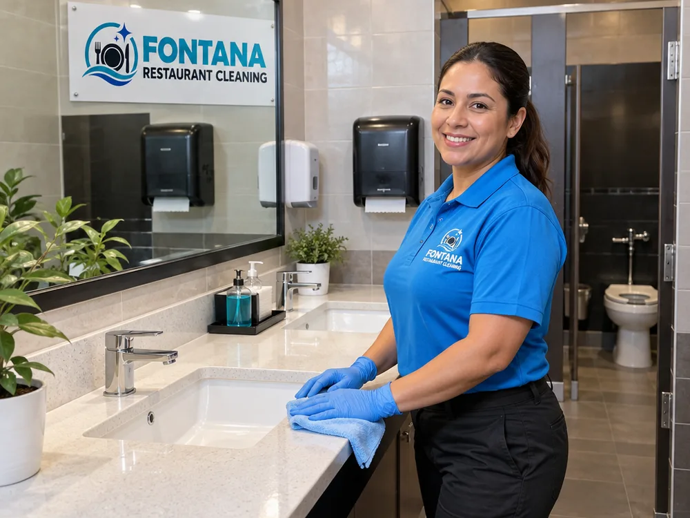 Clean and fully stocked restaurant restroom with a spotless mirror, detailed sink area, and trash removed
