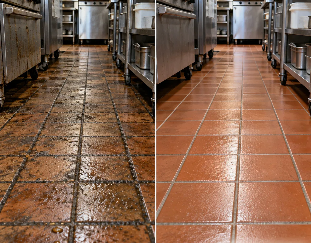 Quarry tile and grout before and after restaurant floor degreasing in a cookline area