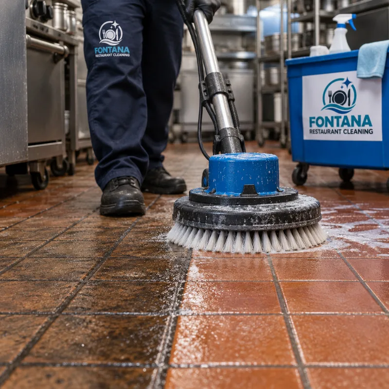 Rotary scrubber working degreaser into quarry tile and grout lines in a commercial kitchen