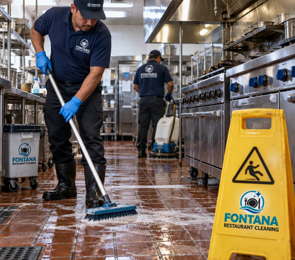 After-hours commercial kitchen floor cleaning with technicians scrubbing quarry tile around the cookline