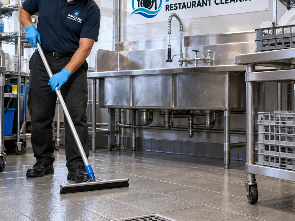 Cleaned commercial dish station floor with floor drain visible and no standing slurry