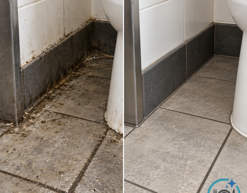 Before-and-after comparison showing grime removed from a restaurant restroom floor edge and baseboard