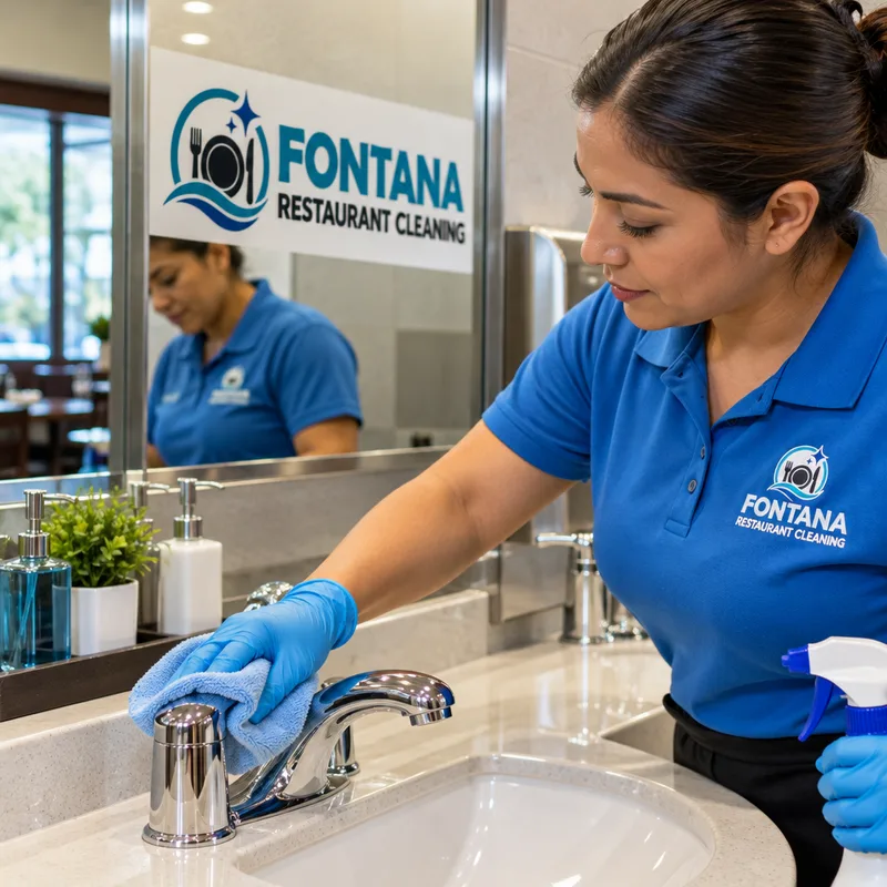 Streak-free restaurant restroom mirror, polished sink fixtures, disinfected counter, and neatly arranged dispensers