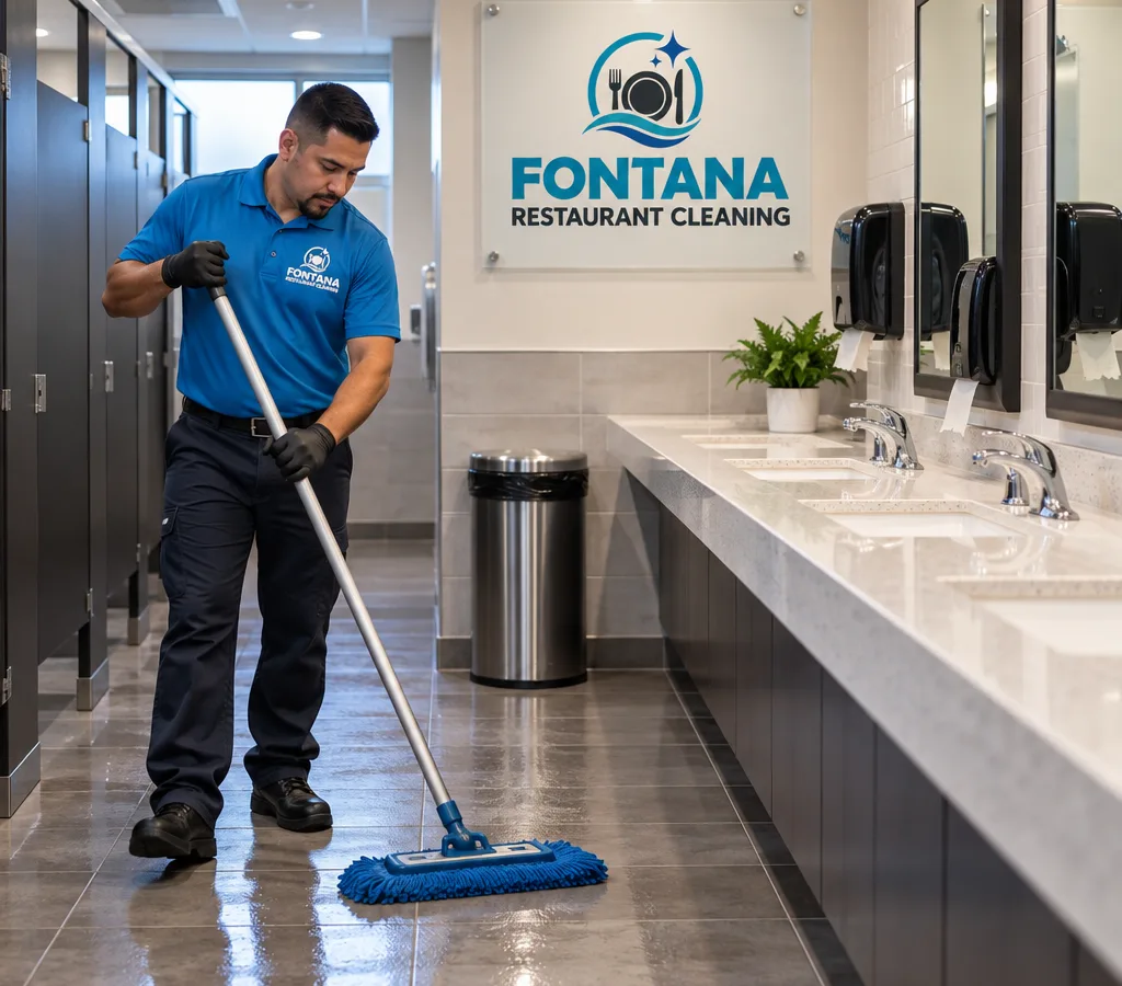 Spotless high-traffic restaurant restroom with clean sinks, mirrors, stocked dispensers, and a freshly mopped floor