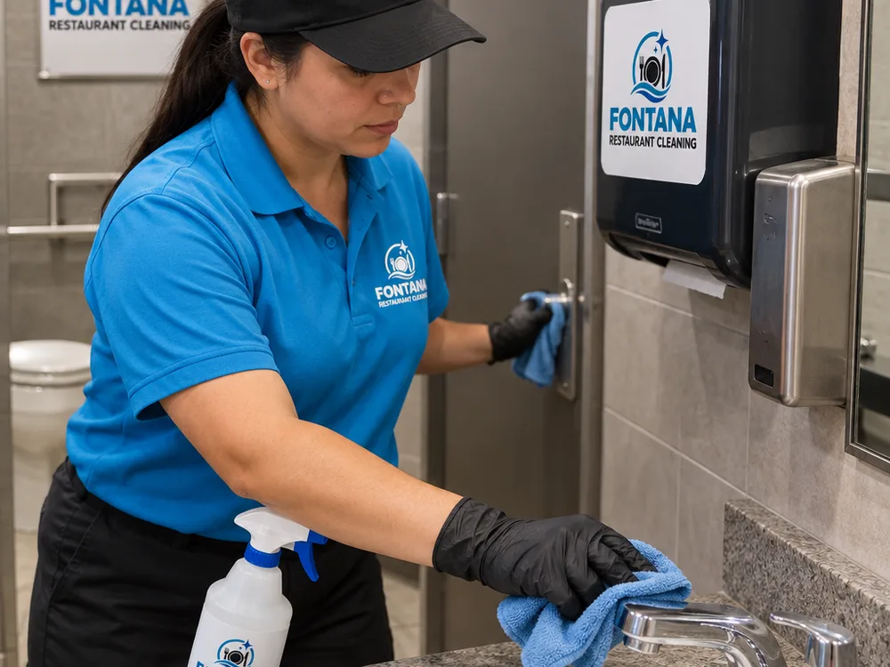 Gloved cleaning technician disinfecting high-touch faucet handles, a door latch, and a dispenser in a restaurant restroom
