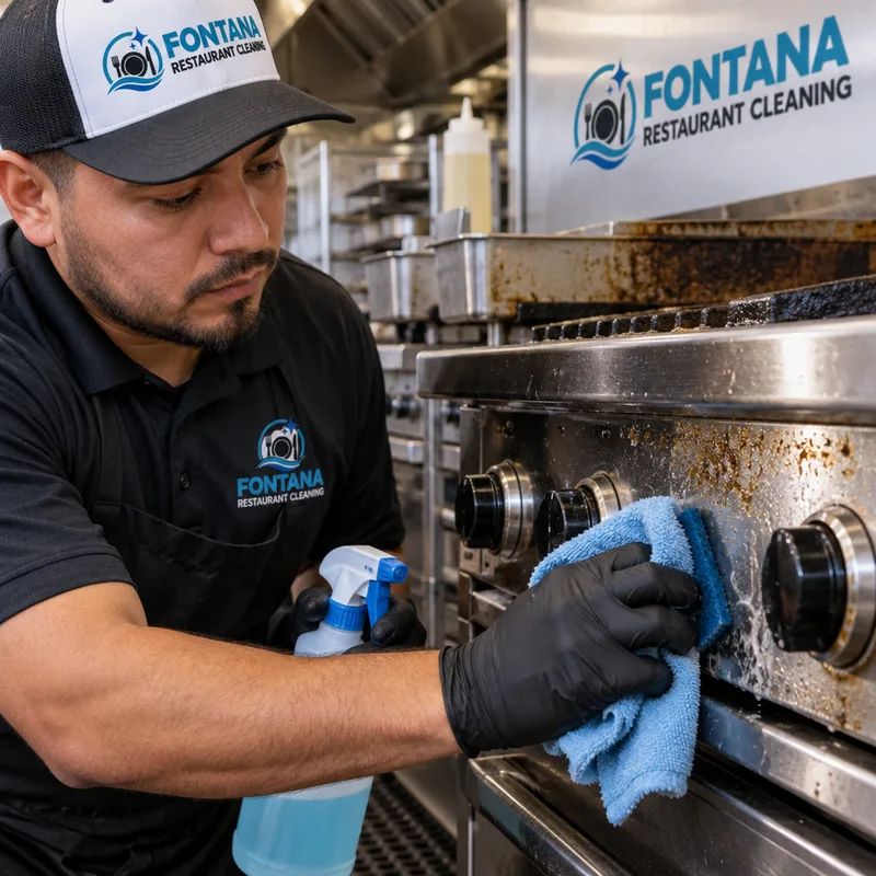 Technician cleaning grease from commercial stainless equipment fronts and controls with a non-scratch pad