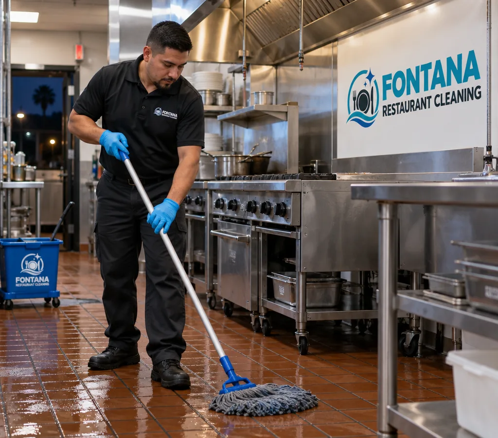 After-hours cleaner mopping a degreased quarry-tile floor beside a commercial restaurant cook line