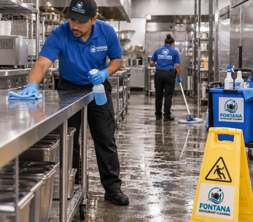 After-hours restaurant kitchen cleaning technician detailing stainless prep tables and floors with wet-floor signs visible