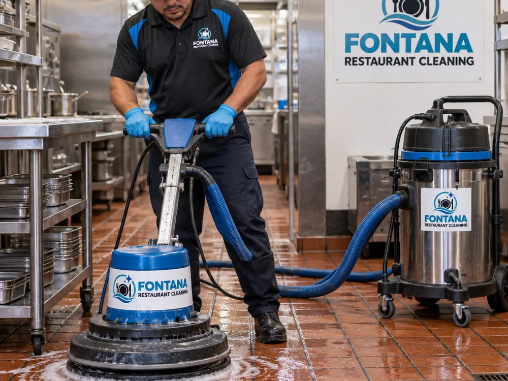 Technician scrubbing a commercial kitchen quarry tile floor with a rotary scrubber and wet vacuum