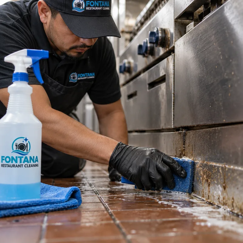 Technician degreasing a commercial kitchen floor edge and baseboard near the cook line
