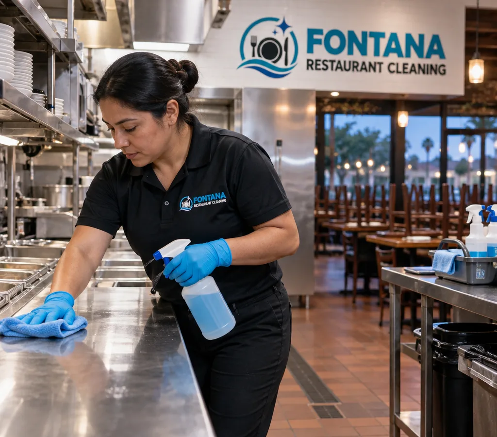 Professional cleaner sanitizing a stainless prep line and high-touch surfaces in a commercial kitchen after closing