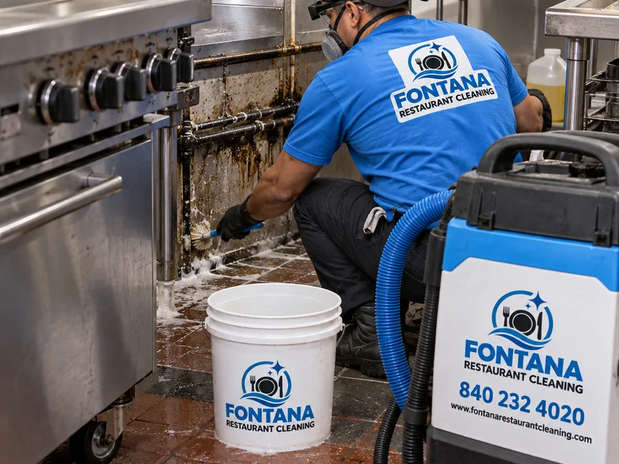 Cleaning team member staging wet floor signage and equipment near a restaurant entrance while working after hours