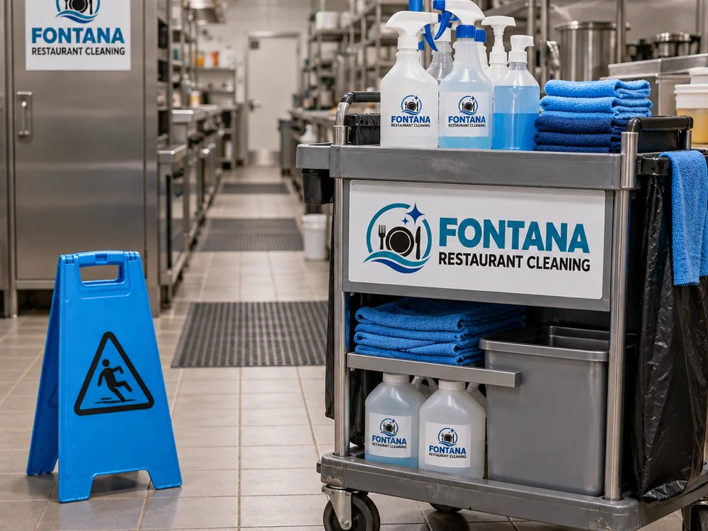 Organized cleaning cart staged in a commercial kitchen corridor